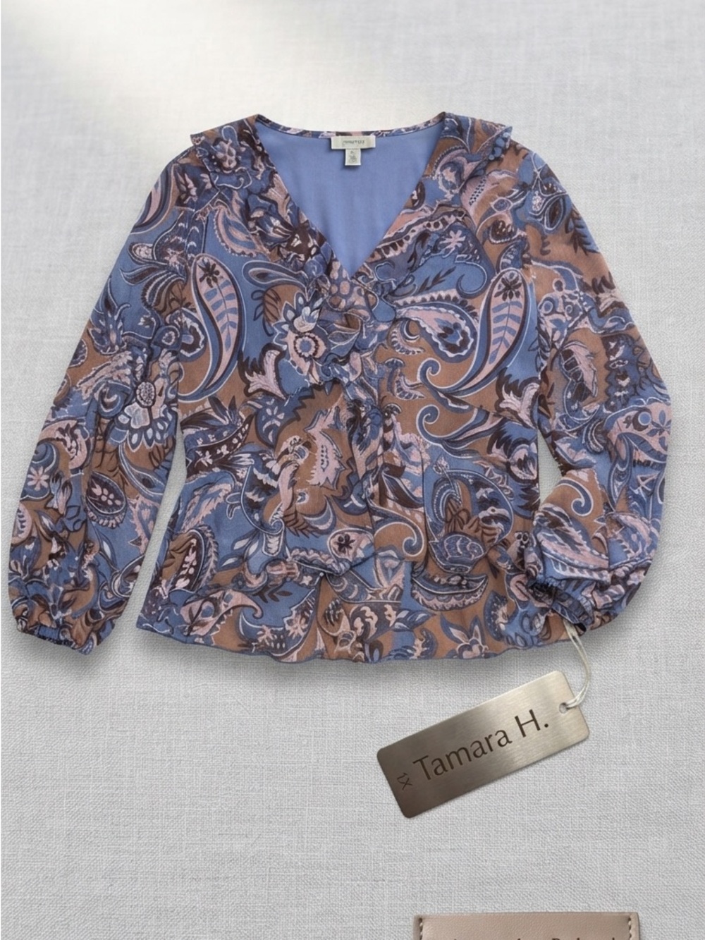 Tamara H. Women's Blue & Brown Paisley V-Neck Blouse